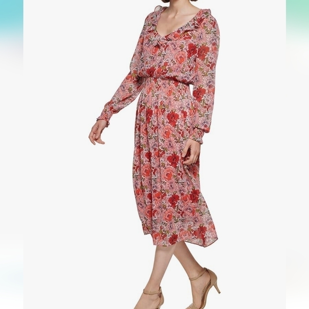 NWT Tommy Hilfiger Women Floral V Neck Midi Long Sleeve Long Dress Sz 2